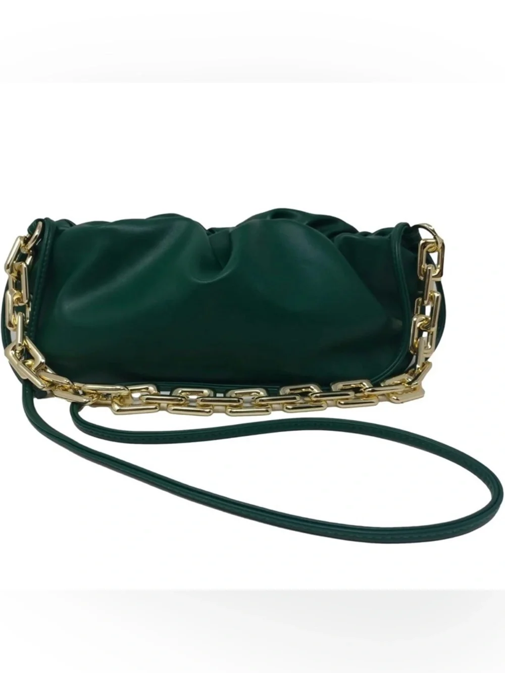 Cloud Shaped Dumpling Chain Ruched Pouch Clutch Purse Green with Chain Link